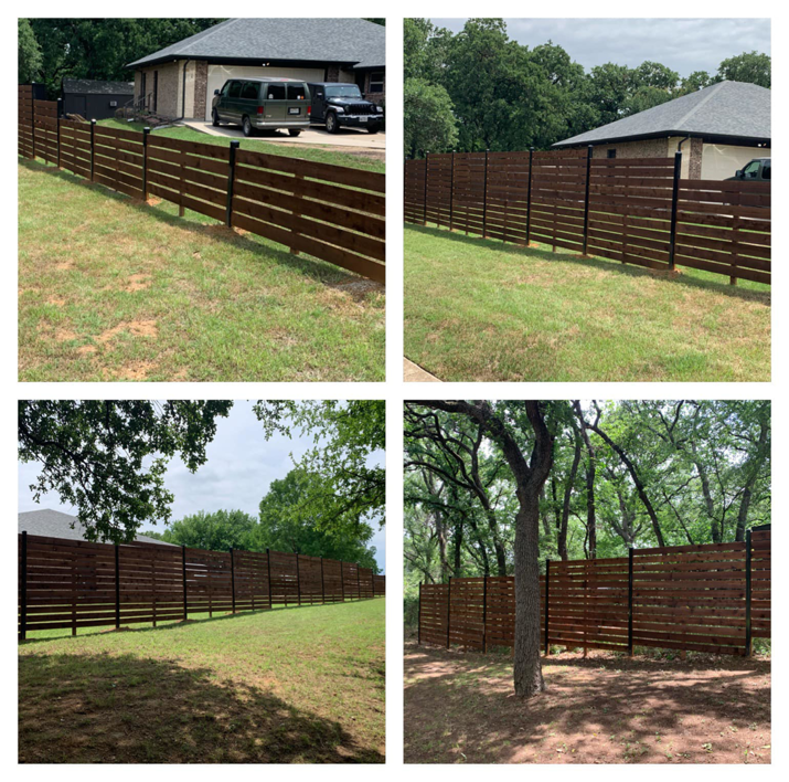 A modern horizontal slat wooden fence installed by Hill's Outdoor Solutions, a Fencing Contractor in Fort Worth, TX.