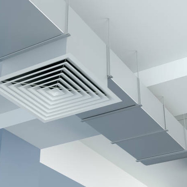 Modern HVAC ductwork and a square air vent installed on a ceiling by GreenSerbiz in Los Angeles, CA