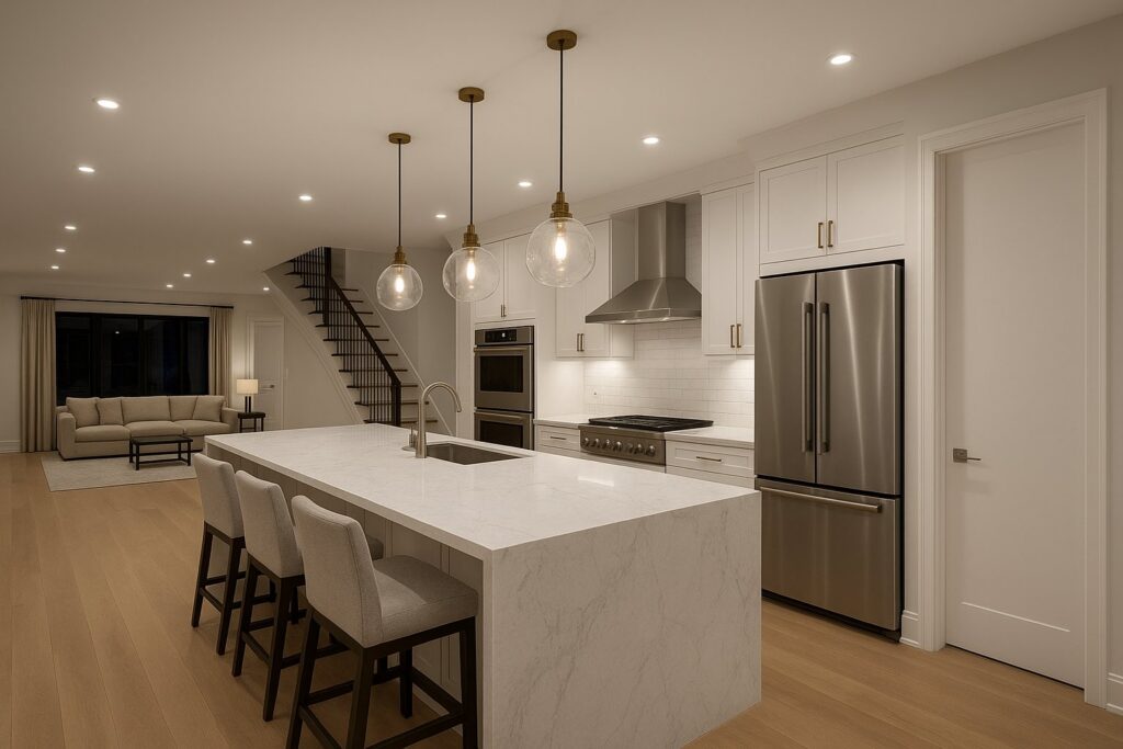 A modern kitchen with new pendant and recessed lighting installed by ILIC Electric in Chicago, IL.