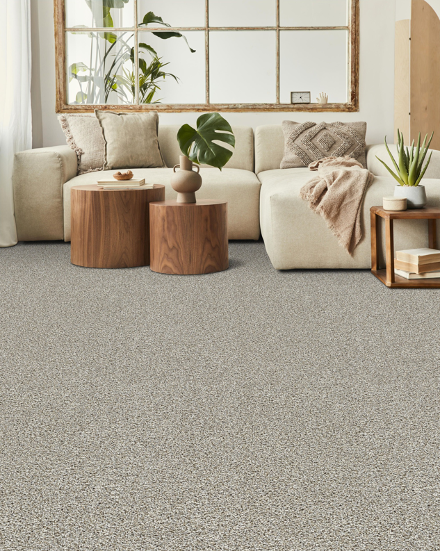 A modern living room showcasing a new light-colored carpet installation by Messina's Flooring & Carpet in Salem, NH.