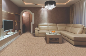 A modern living room featuring new carpet installation by Seacoast Flooring in Saco, ME.