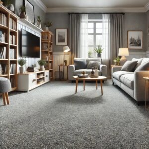 A modern living room featuring newly installed grey speckled carpet by Best Flooring in Indianapolis, IN.