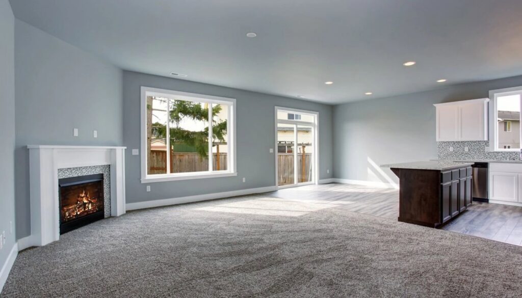 A modern living room featuring newly installed grey carpet by Junge's Flooring in Rochester, MN