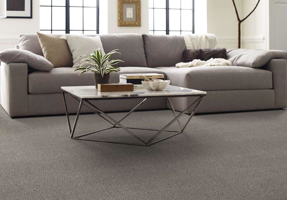 A modern living room featuring stylish gray carpet installed by Carpets Plus Cabinets Plus in St. Louis, MO.