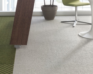 Modern office carpet installation featuring light grey and green carpet tiles by Capital Flooring in Orlando, FL.