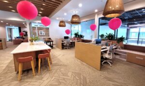 A modern open-plan office space with new patterned carpet installed by The Carpet Shoppe in Springfield, MO.