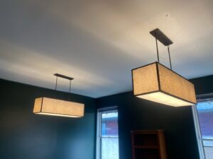 Two modern rectangular pendant lights installed by Onsite Electrical Services in Raleigh, NC.