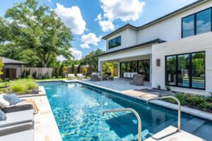 A modern rectangular swimming pool with a spacious patio area, expertly built by Polar Pool and Spa in Vancouver, WA.