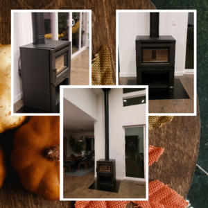 A collage showing a modern wood stove installation by Burning Bush Chimney Service in Wood Village, OR.