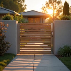 A modern wooden gate with horizontal slats installed between concrete pillars by H&M Fence, LLC in Norwalk, CT.