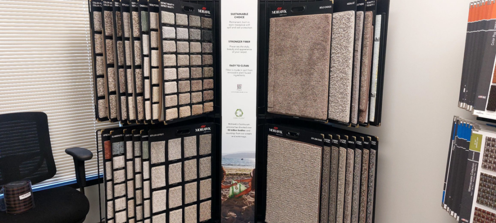 Multiple displays of Mohawk carpet samples in a showroom at BBR Flooring in Colorado Springs, CO