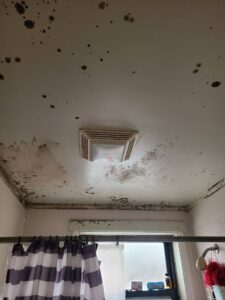 A moldy bathroom ceiling with an exhaust fan, showing a need for mold remediation by Air Care & Restoration Co. in Bethlehem, PA.
