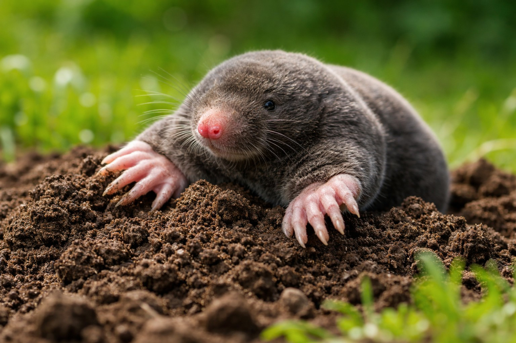 A mole emerging from a molehill, indicating a potential wildlife pest issue for The Bug Man in Ankeny, IA.