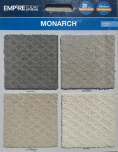 A display board showcasing Monarch brand carpet swatches for Erin Wruck Consulting LLC in Converse, TX