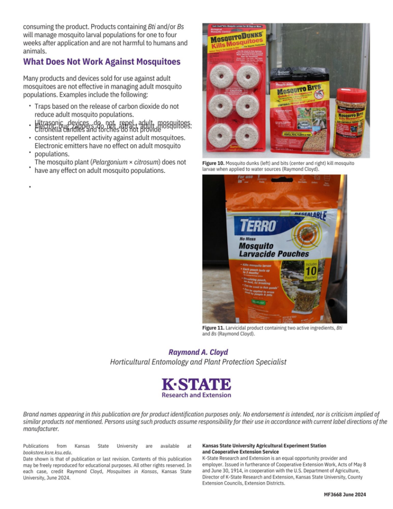 Information on mosquito control products like Mosquito Dunks and Larvicide Pouches, relevant to services by Howe Pest Management in Manhattan, KS.