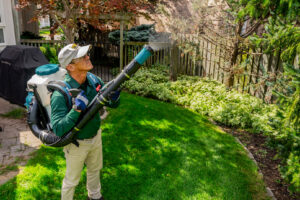 A Mosquito Hero technician sprays foliage in a residential yard with a backpack sprayer for mosquito control in Champaign, IL.