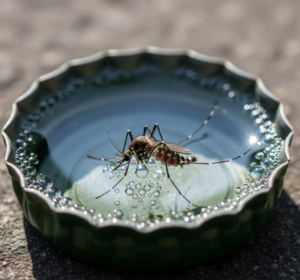 A mosquito resting in a bottle cap filled with water, illustrating a common breeding ground for pests, by Pest Free for ME in Biddeford, ME.