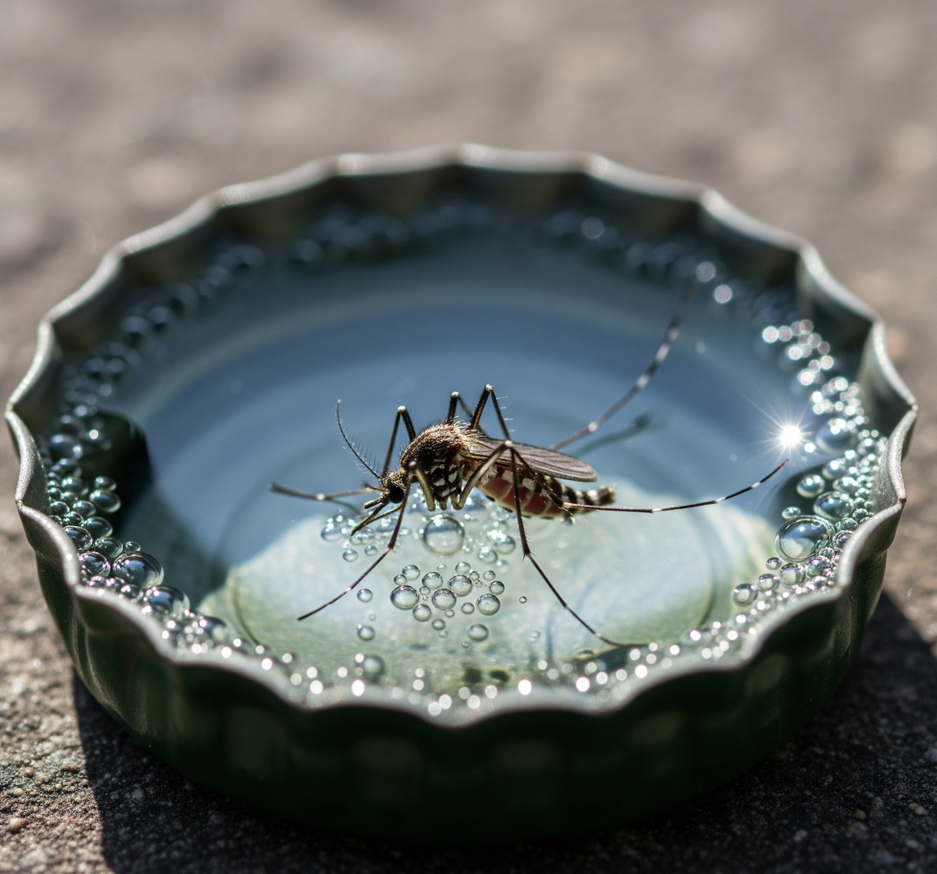 A mosquito resting in a bottle cap filled with water, illustrating a common breeding ground for pests, by Pest Free for ME in Biddeford, ME.