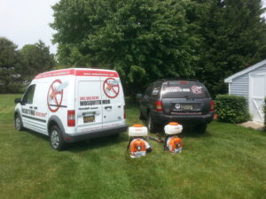 Mosquito Mob service vehicles and backpack sprayers ready for pest control work in Wilmington, DE.