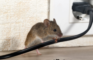 A mouse chewing on an electrical cable, indicating a rodent pest control issue for The Queen Pest Control Co in Charlotte, NC.