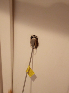 A small mouse peeking out from a hole in the wall near an electrical outlet, indicating a pest problem for PEST extermination TECH expert in Warwick, RI.