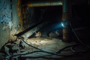 A mouse hiding in a dark crawl space, illuminated by a flashlight during a pest inspection by Fusion Pest Control in Ammon, ID.