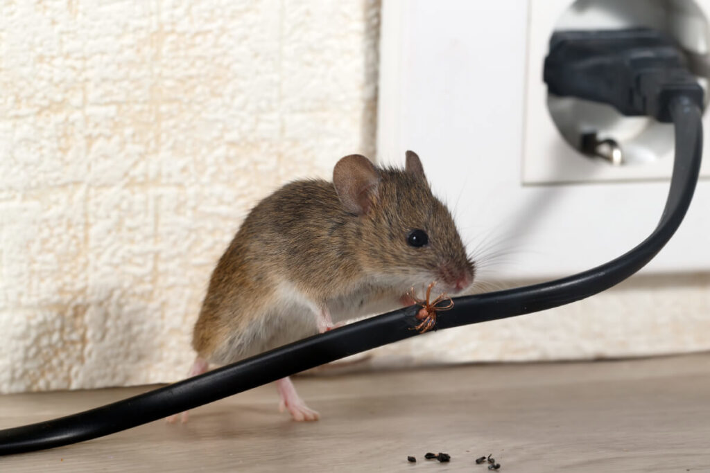 A mouse on an electrical cable near an outlet, showing a rodent infestation problem addressed by Pest by MD in Jersey City, NJ.