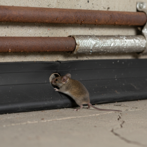 A small mouse peeking from a potential entry point near a building foundation for Elite Pest Control Idaho in Boise, ID