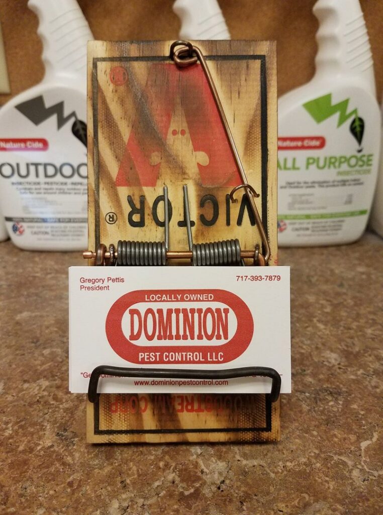 A unique business card holder made from a mouse trap, featuring a Dominion Pest Control LLC card in Lancaster, PA.