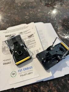 Two mouse traps on a countertop, ready for use by 1st Choice Pest Solutions in Eau Claire, WI.