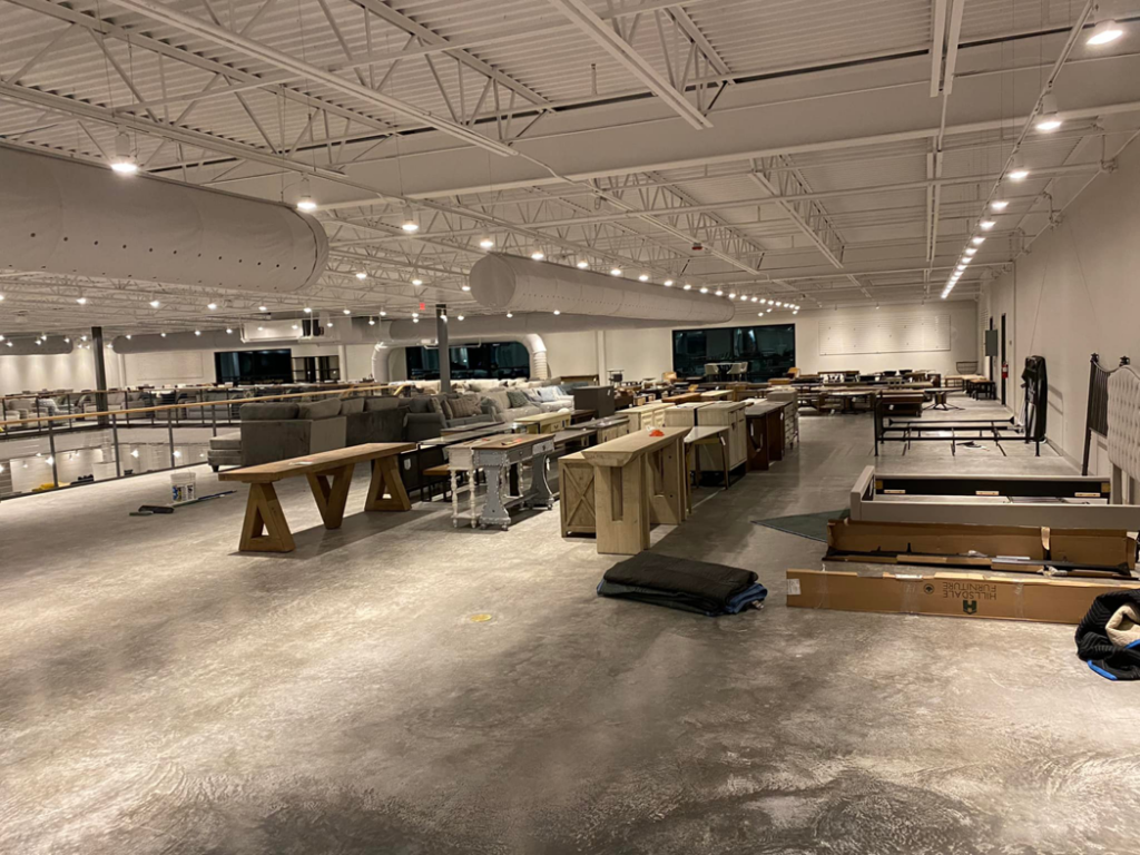 Extensive overhead lighting installed in a multi-level commercial interior by McCormick Wiring Co. LLC in Polkton, NC.