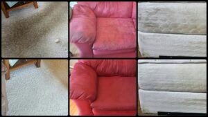 Collage of before and after cleaning results for carpets, upholstery, and mattresses by Troy West Carpet Cleaning in Morristown, VT.