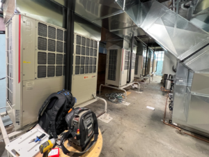 Multiple commercial HVAC units and ductwork installed by Air Masters HVAC Services of New England, Inc. in Fall River, MA.