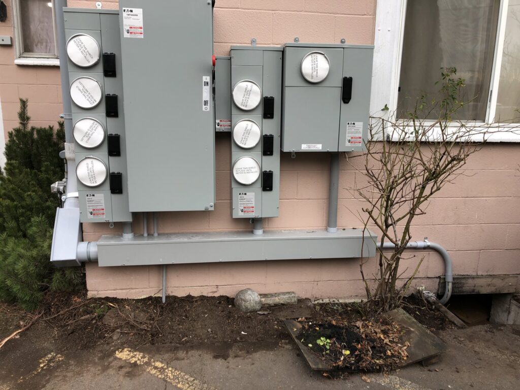 Multiple electrical meter panels and service equipment installed by Vets Electric Company in Tacoma, WA