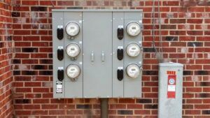 Multiple electrical meters and service panels installed on a brick wall by Volt Doctors in Durham, NC