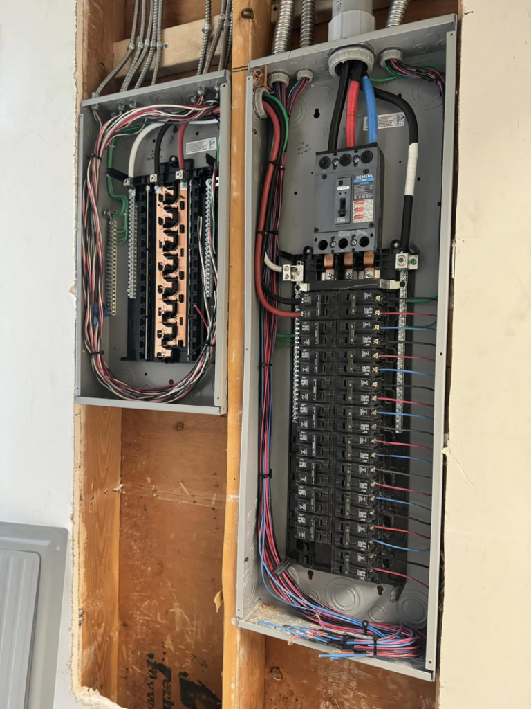 Multiple electrical panels with circuit breakers and wiring being installed by LN Electrical in Coeur D Alene, ID