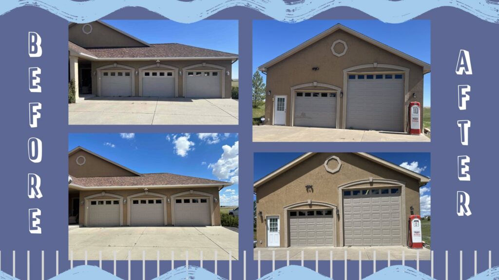 Before and after collage of multiple garage door replacements by Advanced Door Works in Highlands Ranch, CO