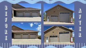 Before and after collage of multiple garage door replacements by Advanced Door Works in Highlands Ranch, CO