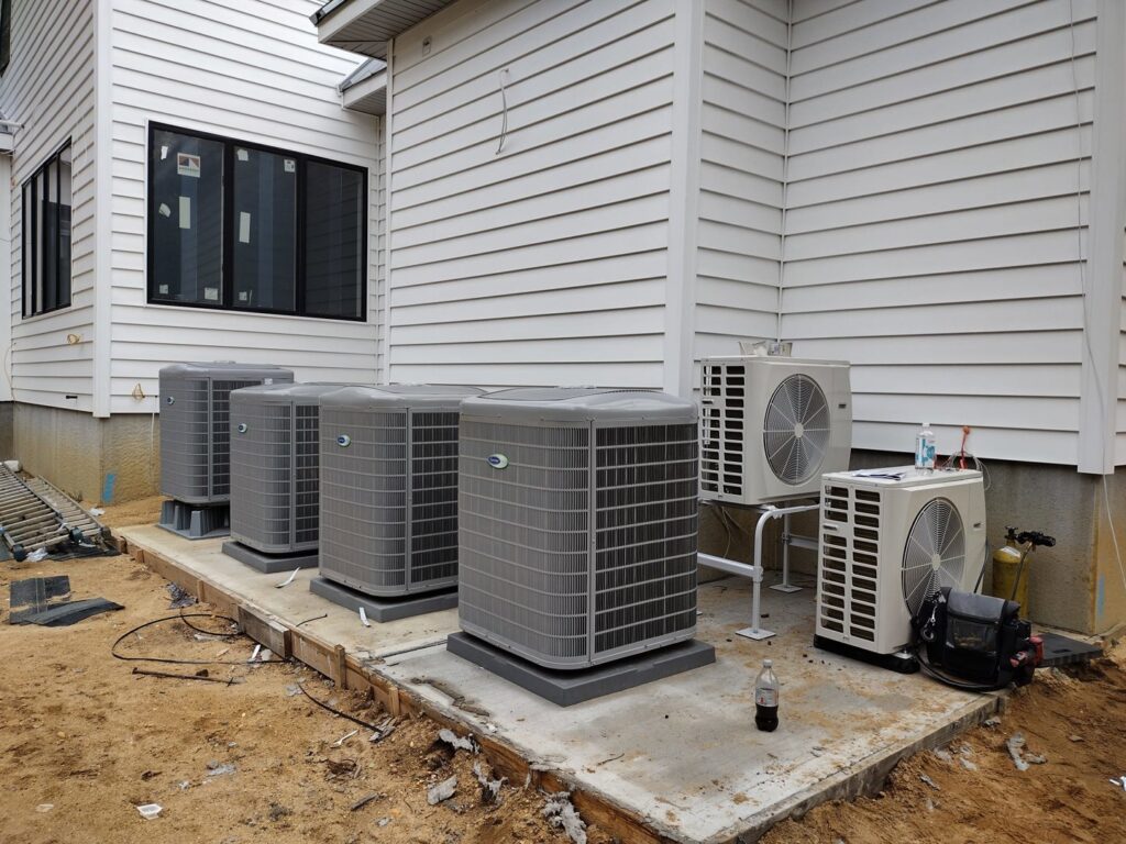 Installation of multiple outdoor AC condenser units at a new construction site by Ambiaire in Lakewood, NJ