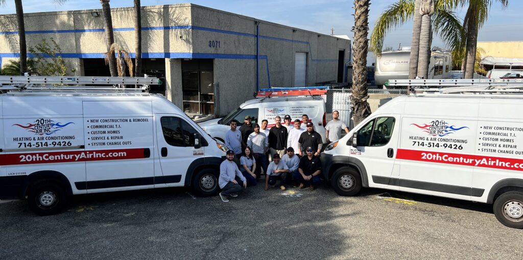 Multiple outdoor AC condenser units installed along a commercial building by 20th Century Heating and Air in Anaheim, CA.