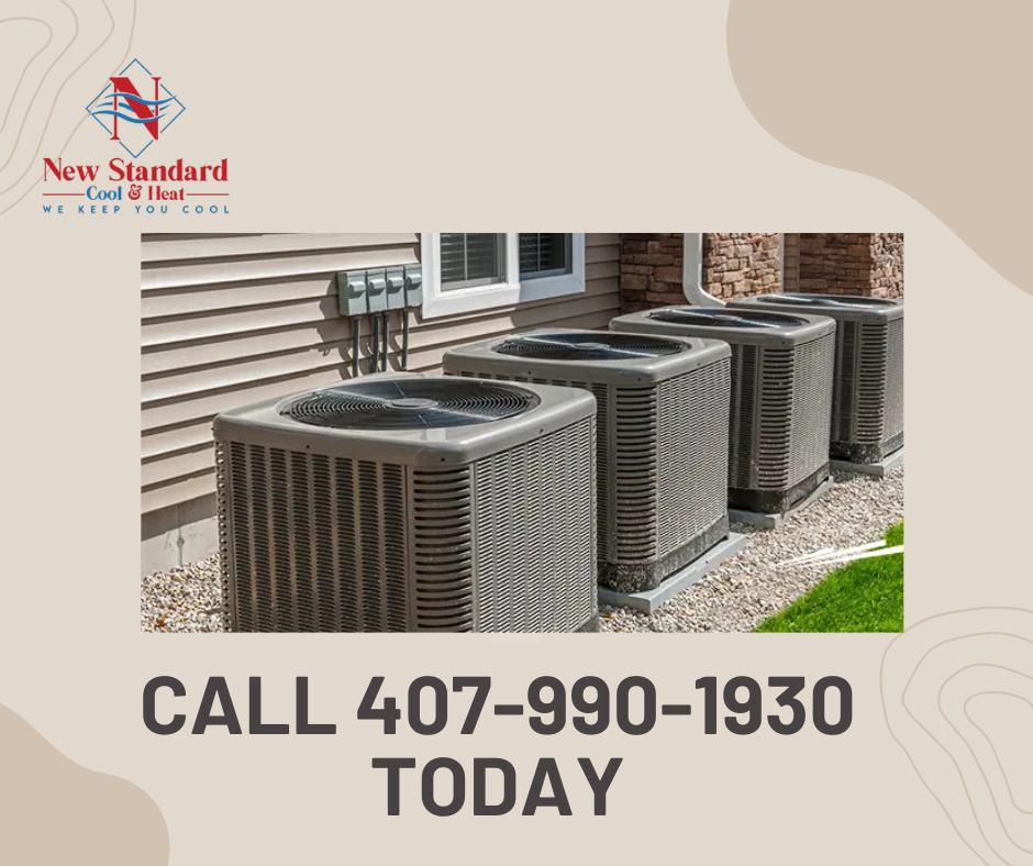 Multiple outdoor air conditioning units installed next to a building by New Standard Air Conditioning Cool & Heat LLC in Winter Springs, FL.