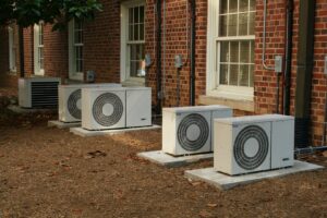 Multiple outdoor AC units installed alongside a commercial building by Heating & Air Paramedics - Tucson in Tucson, AZ.
