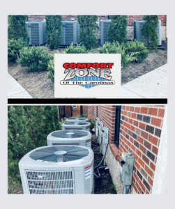 Multiple outdoor HVAC units lined up next to a building, showcasing installations by Comfort Zone of the Carolinas in Rock Hill, SC.