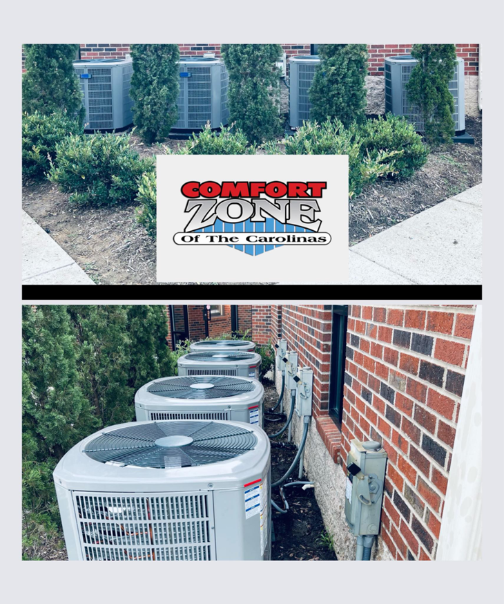 Multiple outdoor HVAC units lined up next to a building, showcasing installations by Comfort Zone of the Carolinas in Rock Hill, SC.