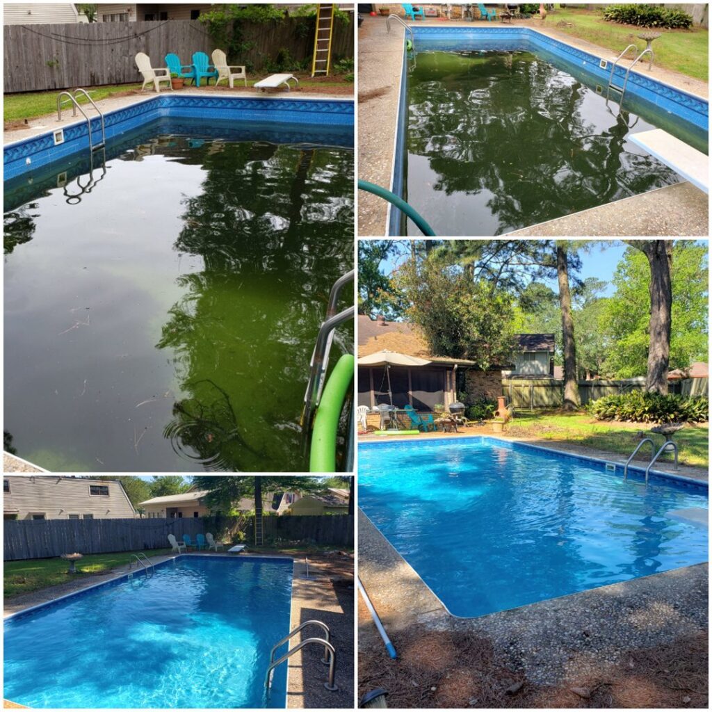 A collage of before and after images showing a murky, green pool restored to clean and blue by Pool Doctors in Cape Coral, FL.