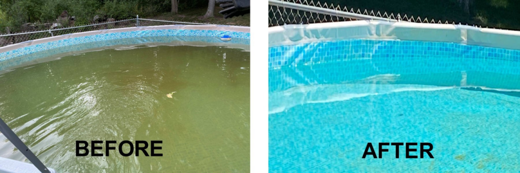 Before and after comparison of an above-ground pool with murky, greenish water cleaned to clear blue by Magic Iron Filter in Madison, WI.