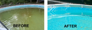 Before and after comparison of an above-ground pool with murky, greenish water cleaned to clear blue by Magic Iron Filter in Madison, WI.