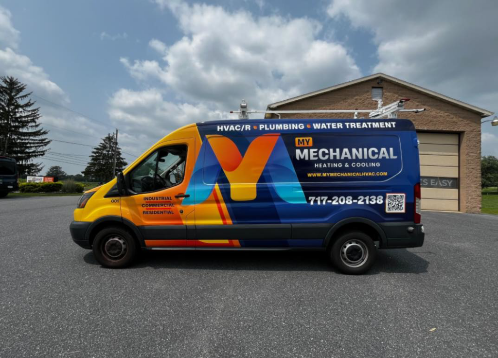 A branded service van for My Mechanical Heating and Cooling, offering HVAC, plumbing, and water treatment services in Lancaster, PA