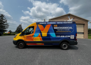 A branded service van for My Mechanical Heating and Cooling, offering HVAC, plumbing, and water treatment services in Lancaster, PA