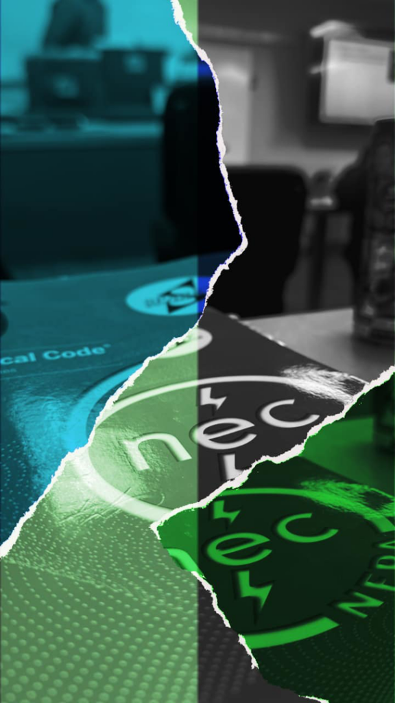 A close-up of the National Electrical Code (NEC) book with a lightning bolt logo, used by Sparky Enterprise electricians in Belcourt, ND.